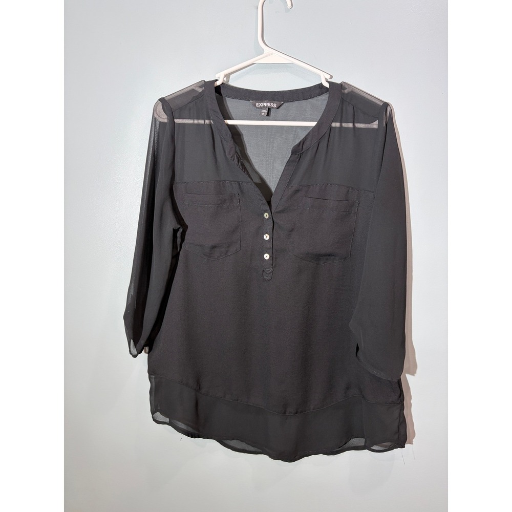 Express Black Sheer Chiffon Roll Tab Sleeve V-Neck Blouse Womens Medium